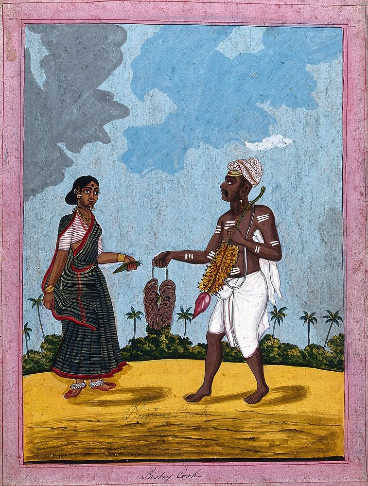 Indian pastry chef and wife. Gouache drawing.