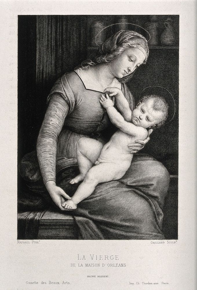 Saint Mary (the Blessed Virgin) with the Christ Child. Engraving by F. Gaillard, 1869, after Raphael.
