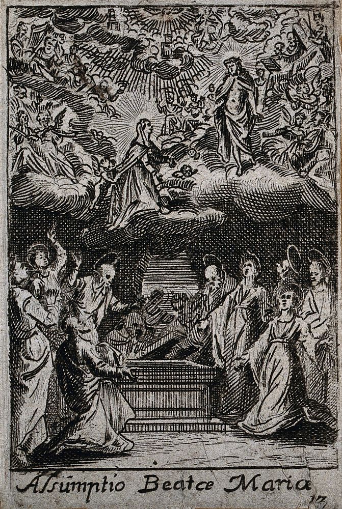 The apostles around the empty tomb watch the Assumption of the Virgin; Christ awaits her in Heaven. Etching.