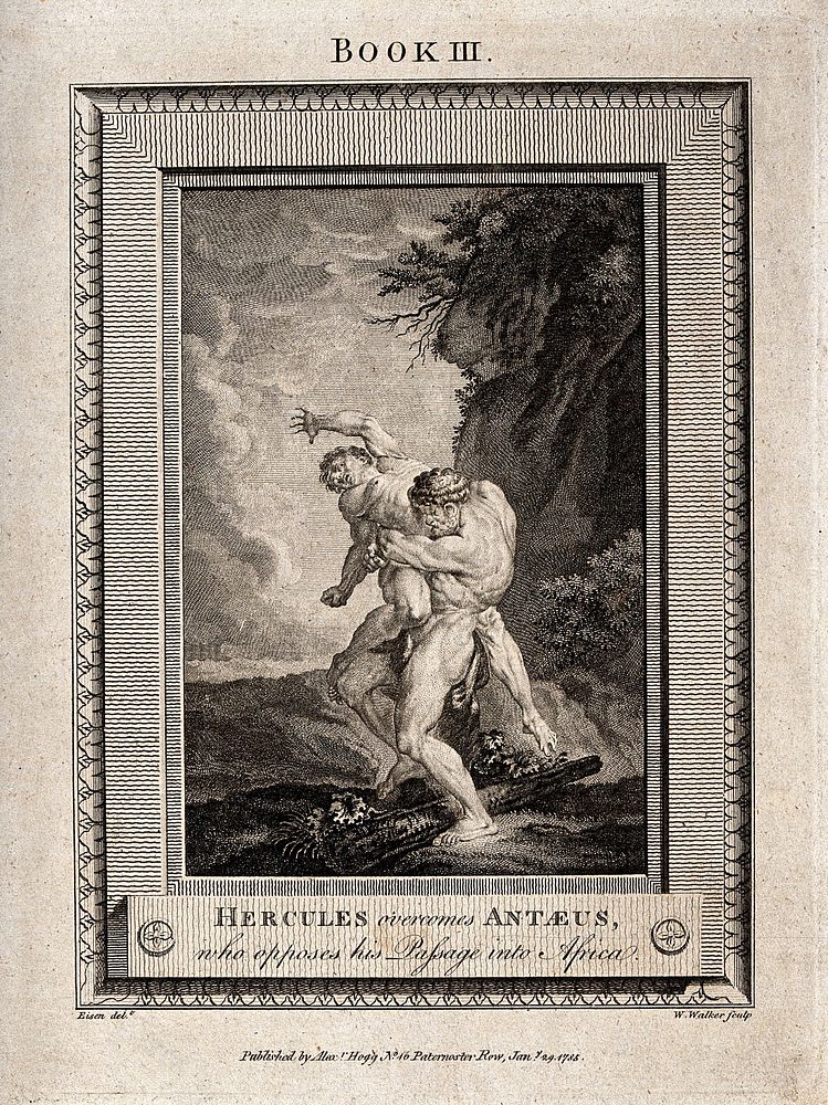 Hercules and Antaeus. Engraving by W. Walker after C. Eisen.