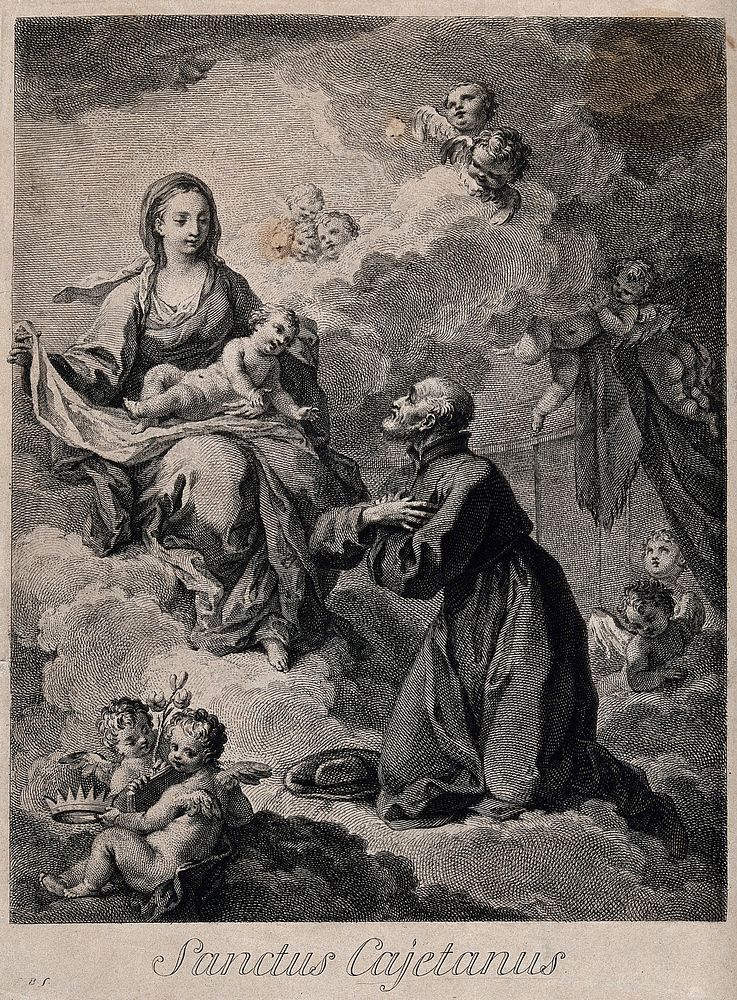 Saint Gaetano kneeling, looking up at the Virgin and the infant Christ seated on a cloud amid cherubs; cherubs holding a…