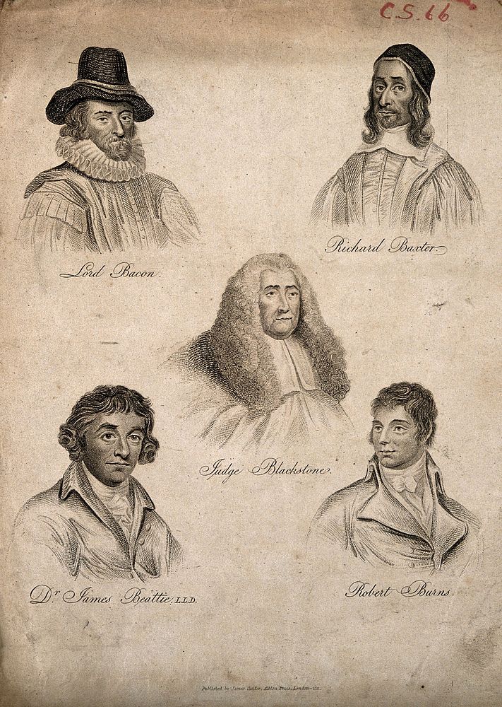 Five men: Robert Burns, Richard Baxter, Francis Bacon, Judge Blackstone, and James Beattie. Engraving, 1811.