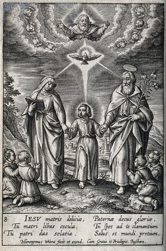 Saint Mary (the Blessed Virgin) and Saint Joseph with the Christ Child, receiving grace from God the Father and the Holy…