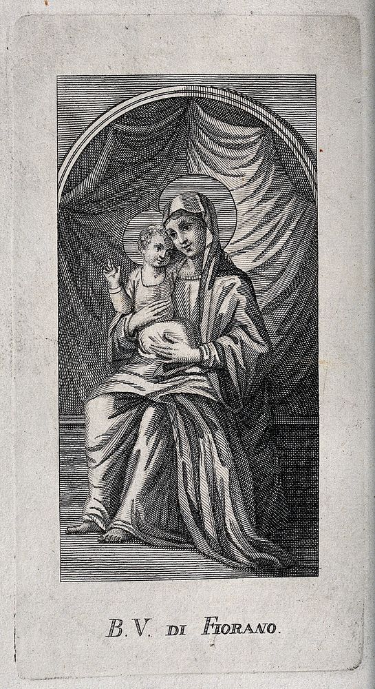 Saint Mary (the Blessed Virgin) with the Christ Child, as depicted in the castle at Fiorano, Emilia Romagna. Engraving.