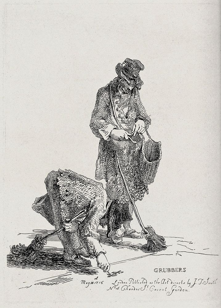 Two street cleaners grubbing the surface of a street with brooms and knives. Etching by J.T. Smith, 1816.