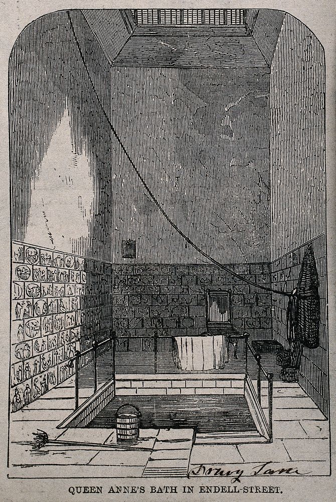 A seventeenth-century bath-house, or bagnio, at St. Giles, London. Wood engraving.