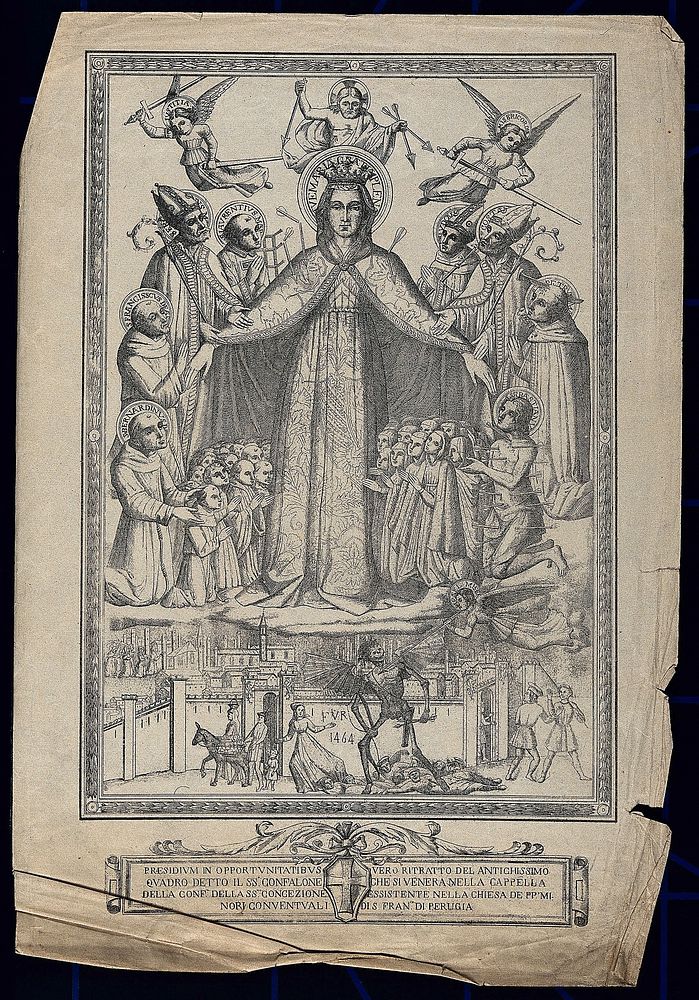 The Virgin of Mercy responding to the intercessions of saints by protecting people from arrows symbolising disease; the…
