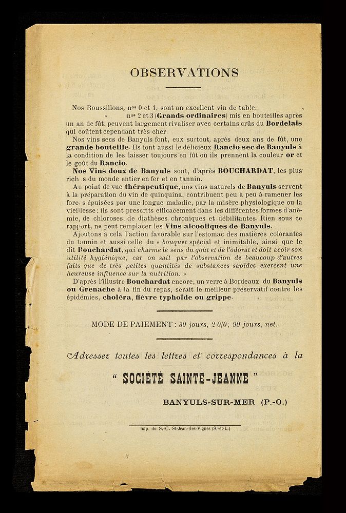 Vignerons réunis : Société Sainte-Jeanne : Banyuls-sur-Mer, le 1er novembre 1902.