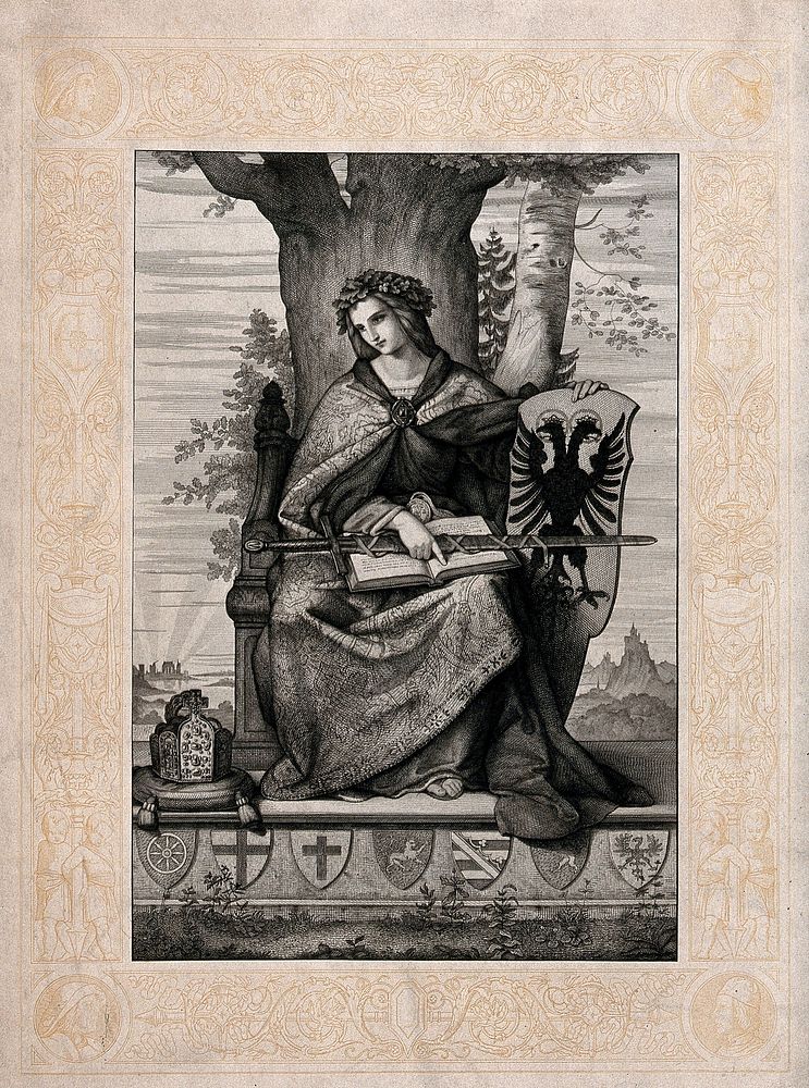 A woman enthroned under an oak tree, holding a book, a sword and the coat of arms of the Holy Roman Empire; next to her is a…