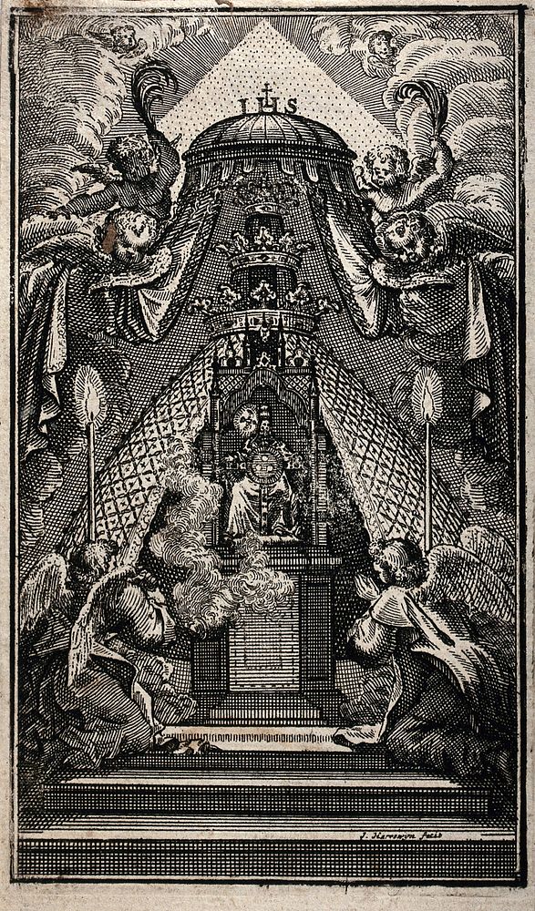 Angels adoring a monstrance underneath a baldachine which bears Papal and Jesuit symbols. Etching by J. Harrewijn.