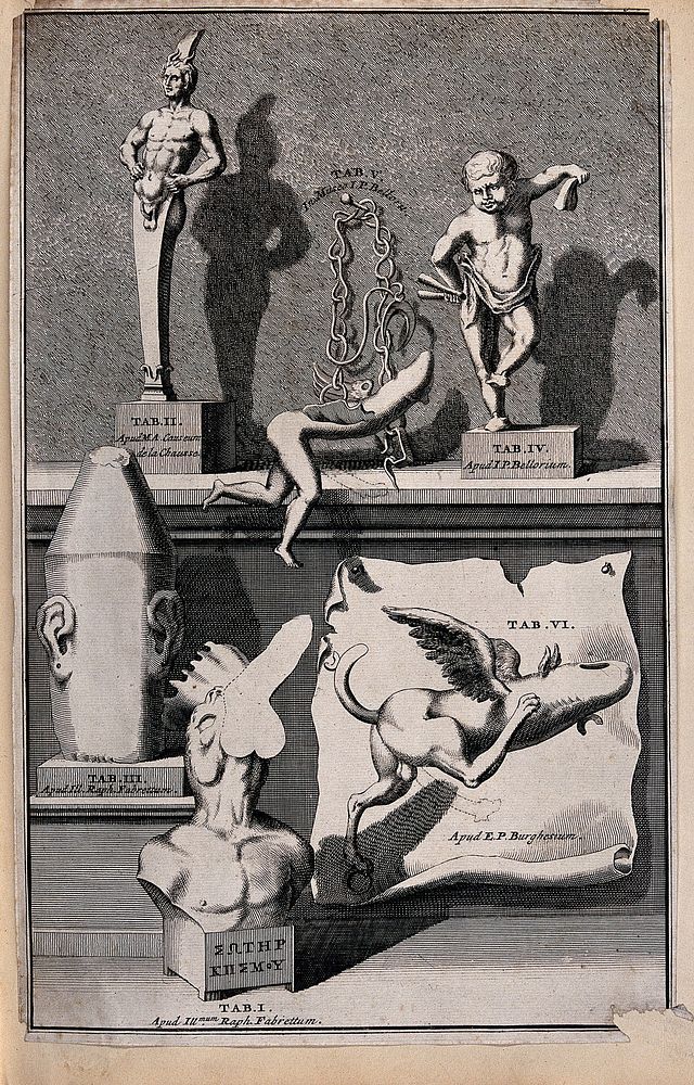 A collection of figures depicting phallic motifs. Etching, 1699.