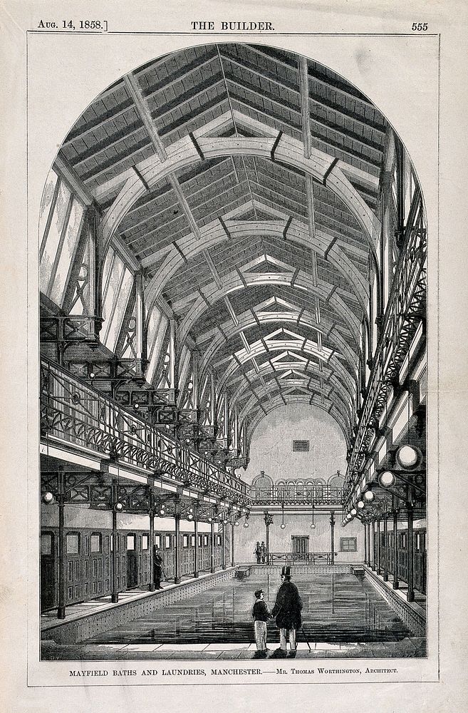 Mayfield baths and laundries, Manchester: interior. Wood engraving by W.E. Hodgkin, 1858, after B. Sly after T. Worthington.