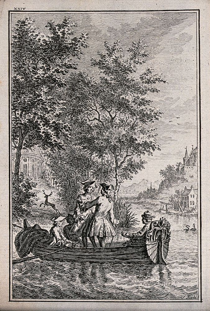 Four men are out in a boat on the river, two are standing up in it having a discussion. Etching by S. Fokke.