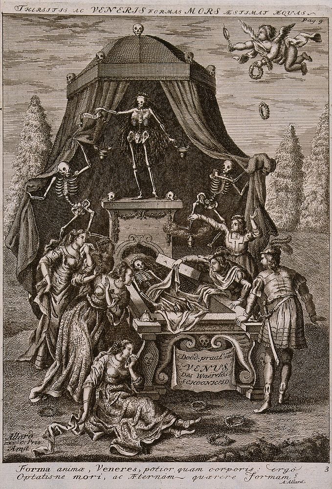 Men and women inspect the open grave of Venus. Etching.