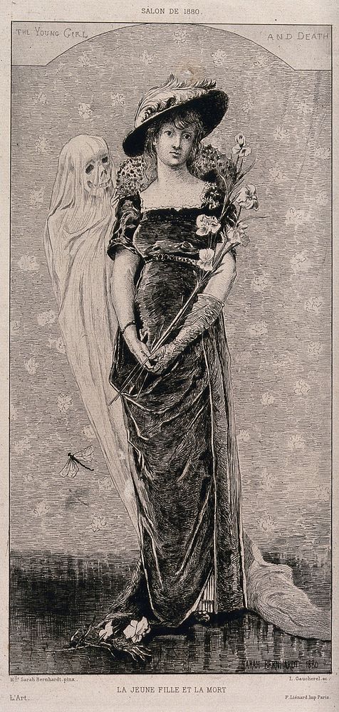 A young lady and Death. Etching by Léon Gaucherel after Sarah Bernhardt, 1880.