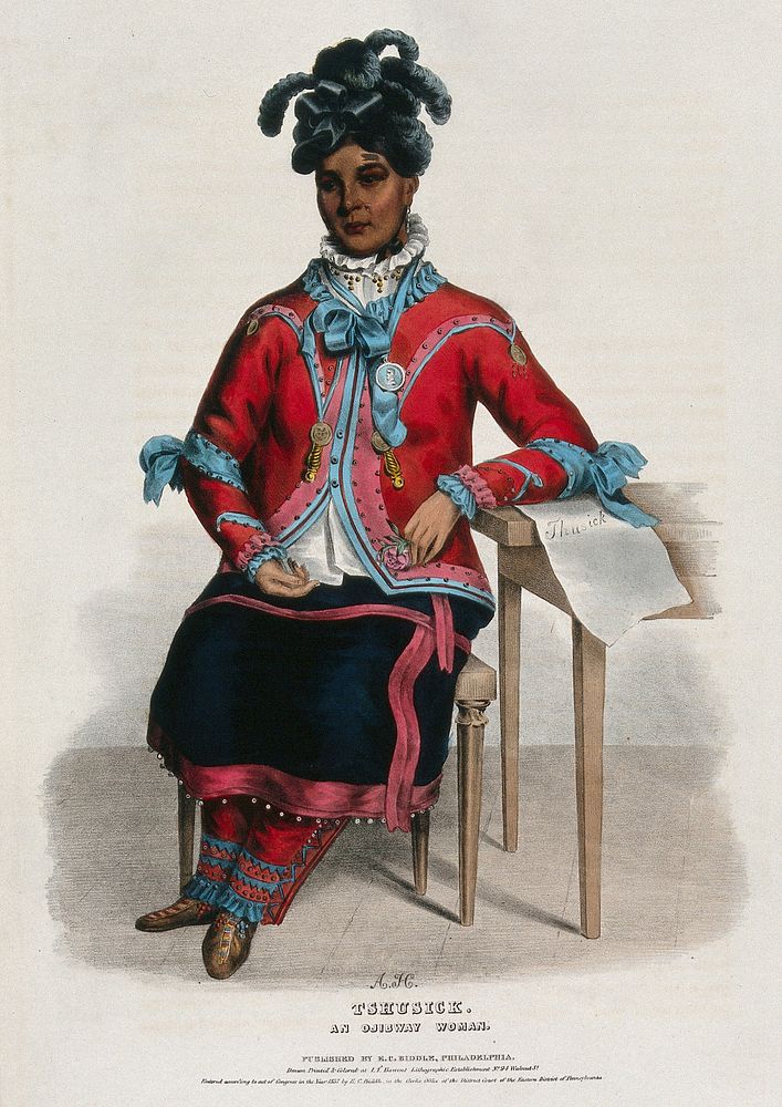 Tshusick, an Ojibwa woman, holding a flower. Coloured lithograph by A. Hoffy after C.B. King, 1837.