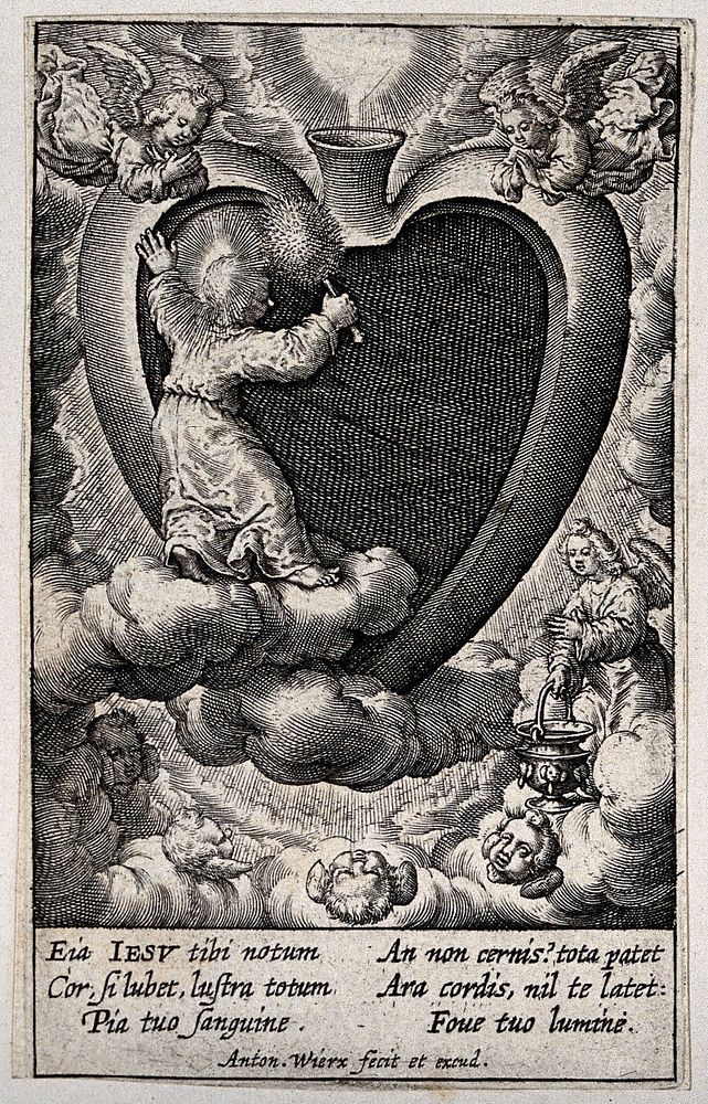 The Christ Child cleans the believer's heart with a hand-held mop, assisted and venerated by angels. Engraving by A. Wierix…