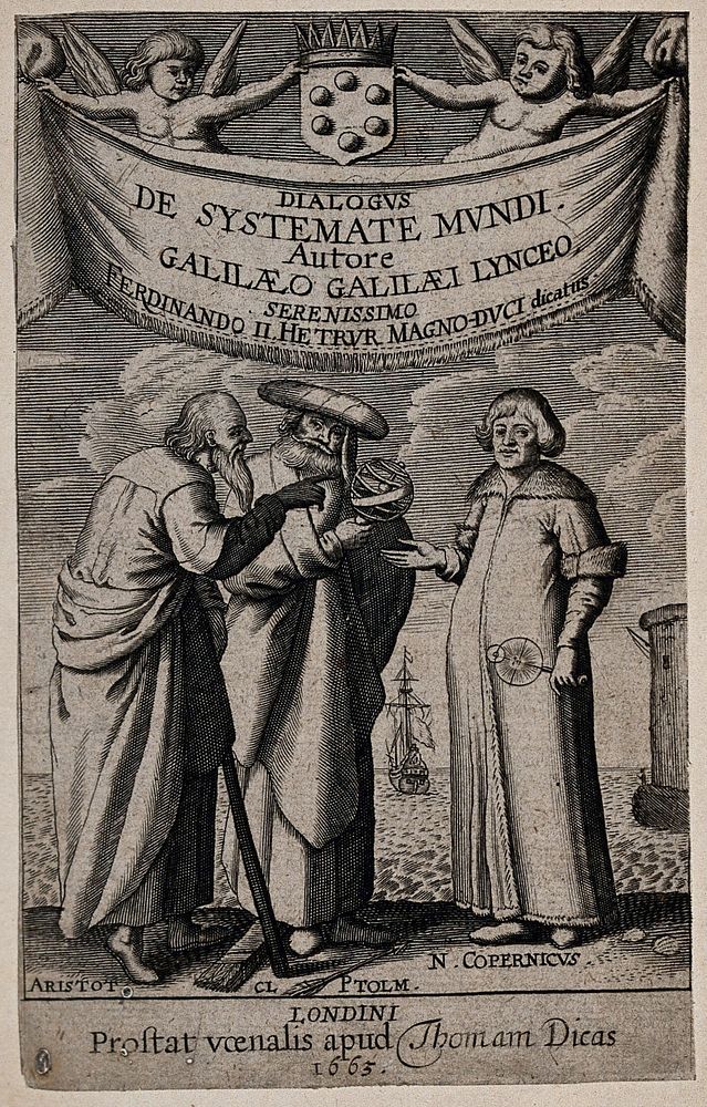 Aristotle and Ptolemy discuss with Copernicus their respective views on the movements of the Sun and the Earth. Engraving…