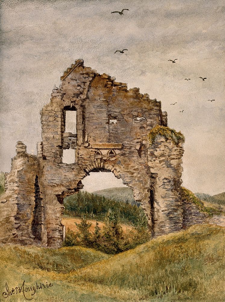Ruins of Kildrummy Castle, Aberdeenshire, frequented by Sir Patrick Manson. Watercolour by J.B. Coughtrie, ca. 1889.