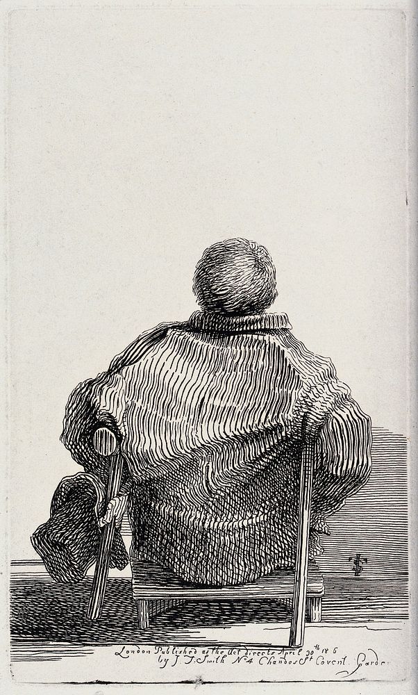 A beggar, probably with two amputated legs, leans on two wooden crutches. Etching by J.T. Smith, 1816.