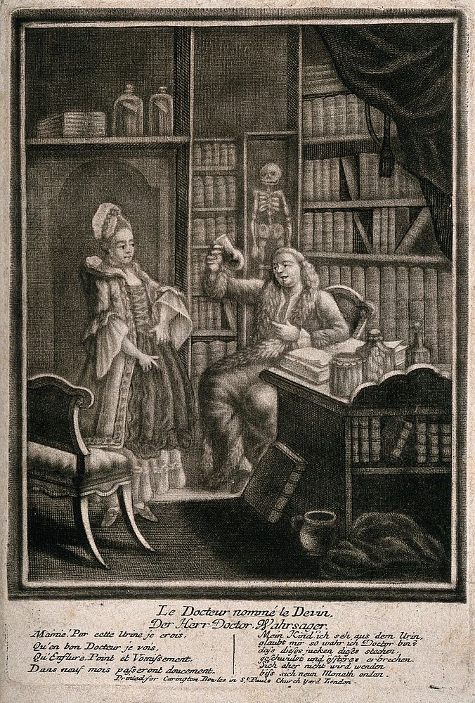 A physician examining a pregnant woman's urine specimen in his library. Mezzotint.