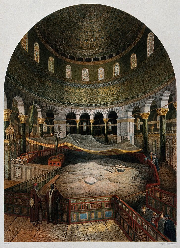 Dome of the Rock in the Mosque of Omar, Jerusalem. Chromolithograph by H. Clerget and J. Gaildrau after François Edmond…