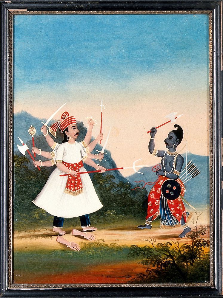 The king Kartavirya Arjuna (left) is attacked by Vishhnu as Paraśurāma (right). Oil  painting.
