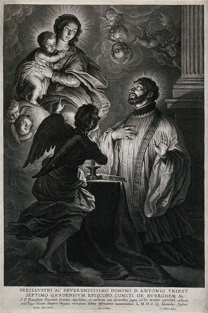 An angel showing a vision of the Virgin and Child to Saint Francis Xavier. Engraving by S. Bolswert after G. Seghers, 16--.