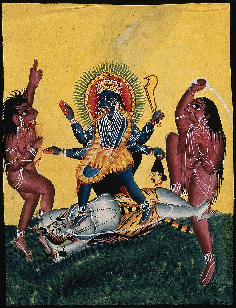 Kali dancing on Siva. Watercolour by an Indian artist, ca. 1890.
