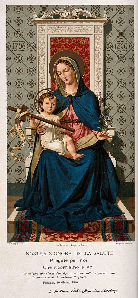 The Virgin of Health of Pianezza. Colour lithograph after E. Reffo, 1890.