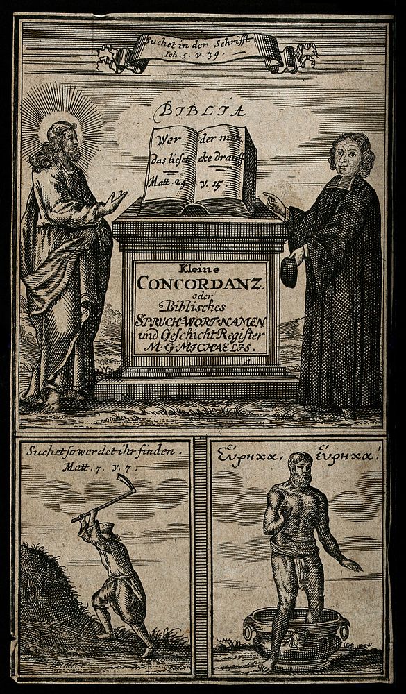 Above, Jesus Christ and M. Georg Michaelis point to the Bible placed on an altar; below left, a man seeking that he may…