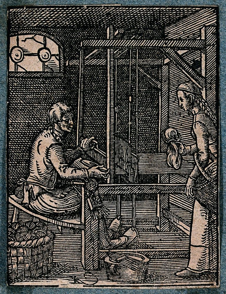 A weaver working on a treadle-operated loom as a woman brings him more thread. Woodcut by J. Amman.