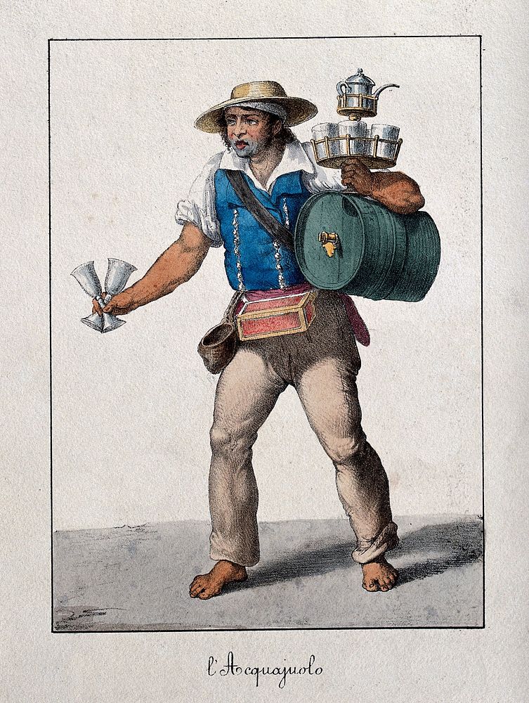 A water-carrier carrying his barrel of water, with glasses and a jug on a tray. Coloured lithograph.