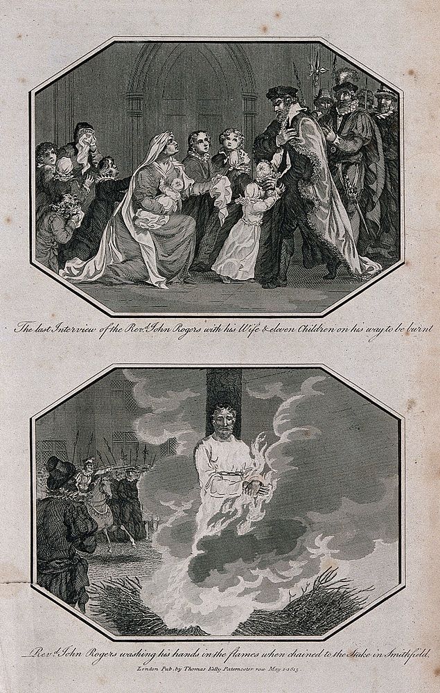 Above, the last interview of Reverend John Rogers with his wife and his eleven children before his ordeal; below, Reverend…