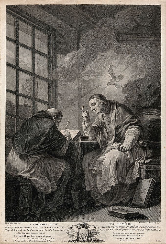 Saint Gregory the Great, dictating his homilies on the prophet Ezechiel, is visited by the Holy Ghost. Engraving by L.A.…