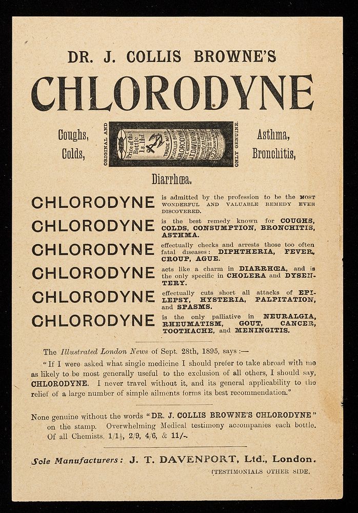 Dr. J. Collis Browne's Chlorodyne : coughs, colds, asthma, bronchitis.