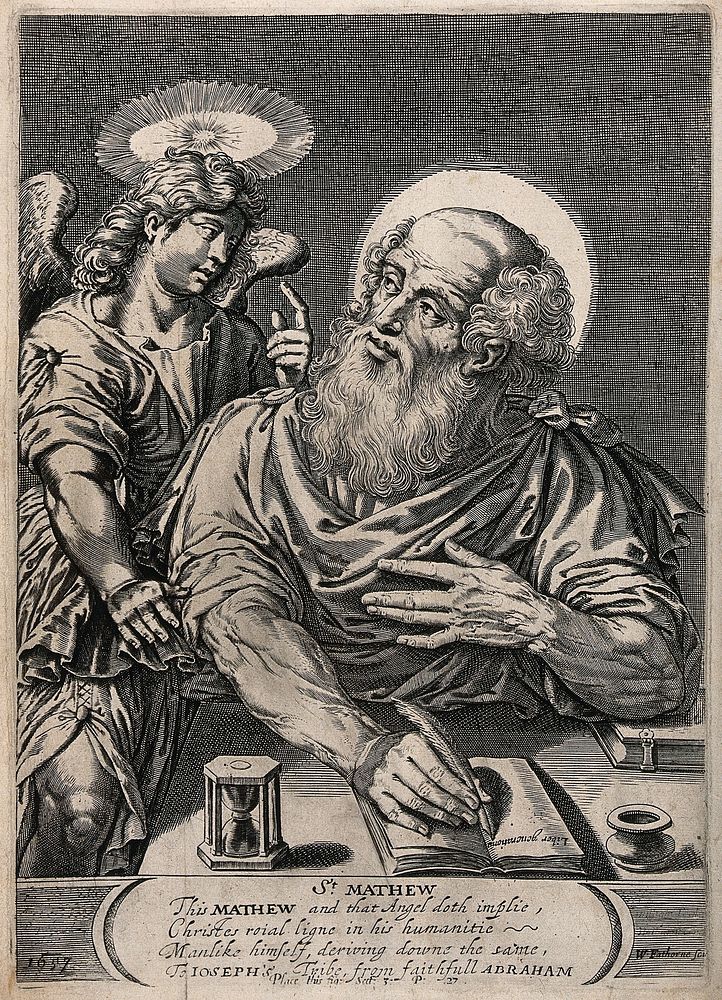 Saint Matthew, beginning to write his gospel. Engraving by W. Faithorne, 1657, after P. de Jode I.