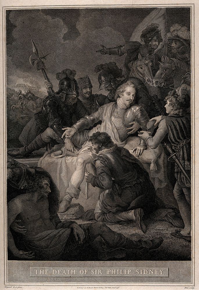 The death of Sir Philip Sidney at the battle of Zutphen. Line engraving by J. Stow, 1796, after J.B. Rigaud.