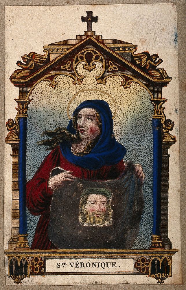 Saint Veronica. Coloured engraving.