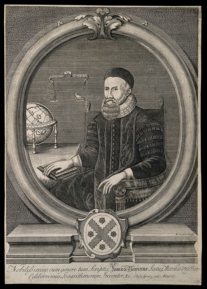 John Napier, seated, wearing a skull cap, his right hand resting on an open book. Line engraving by R. Cooper.