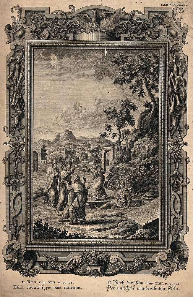 Elisha's skeleton exerts a magical power when a dead soldier who has fallen into his grave is brought back to life. Etching…