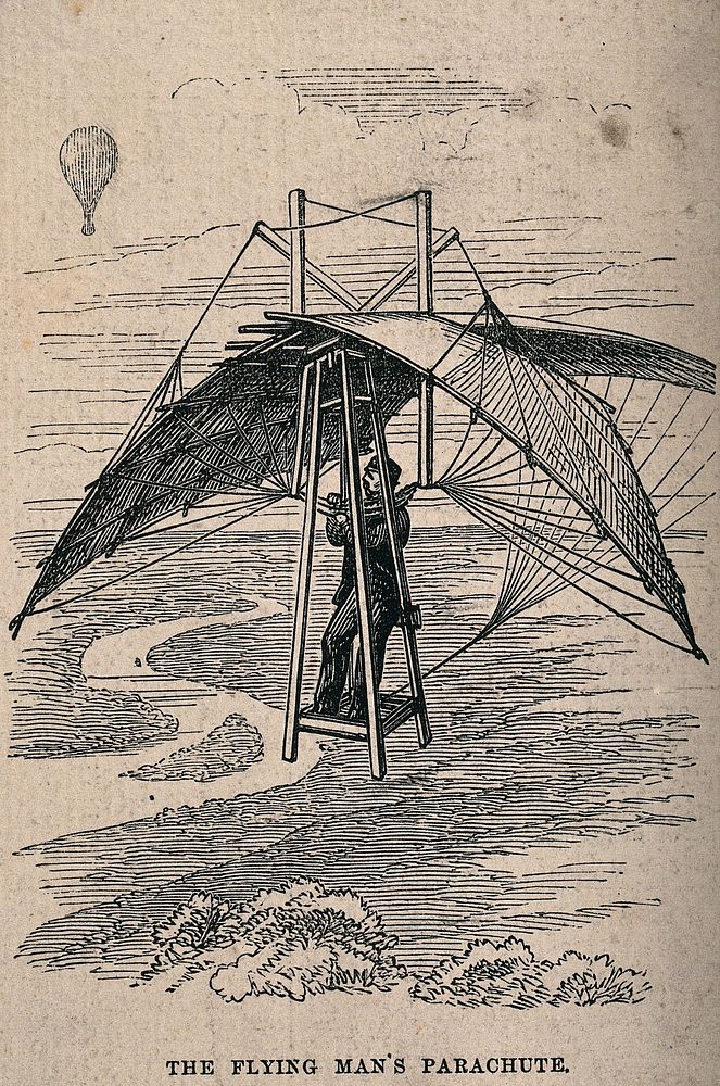 A man flying in a frame with wings attached and covering him; in the distance, a balloon. Wood engraving, 1874 .