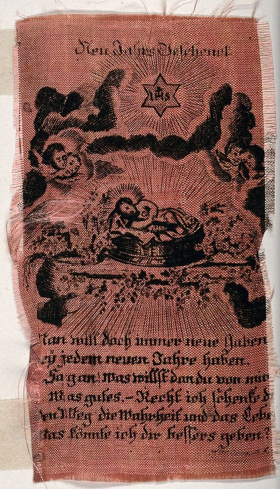 The Christ Child reclining and embracing the Cross. Etching on silk.