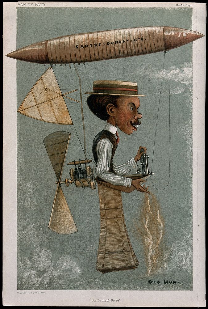Alberto Santos-Dumont, aviator, with an airship attached to his head and a propeller strapped to his back. Colour lithograph…