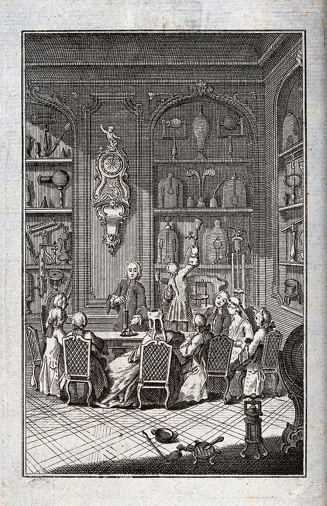 Abbé Jean-Antoine Nollet demonstrating chemical experiments to a party of ladies and gentlemen. Engraving, ca. 1750.