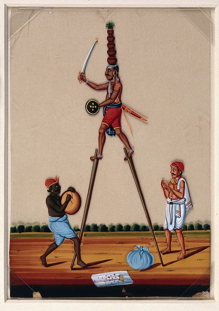 Street performers: an acrobat on stilts while the other two provide background music for the act. Gouache painting on mica…