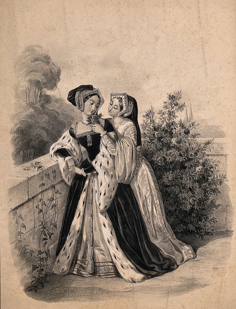 Two young women are standing by a stone wall, one is offering the other a rose to smell. Lithograph by E.C. Fischer, 1844…