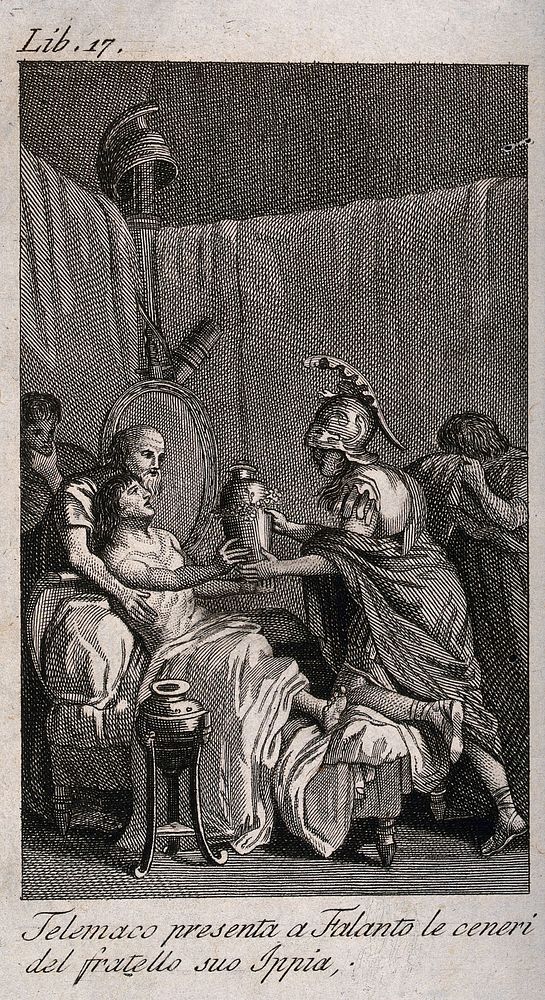 Telemachus presents Falantus with the ashes of his brother Hippias. Etching.