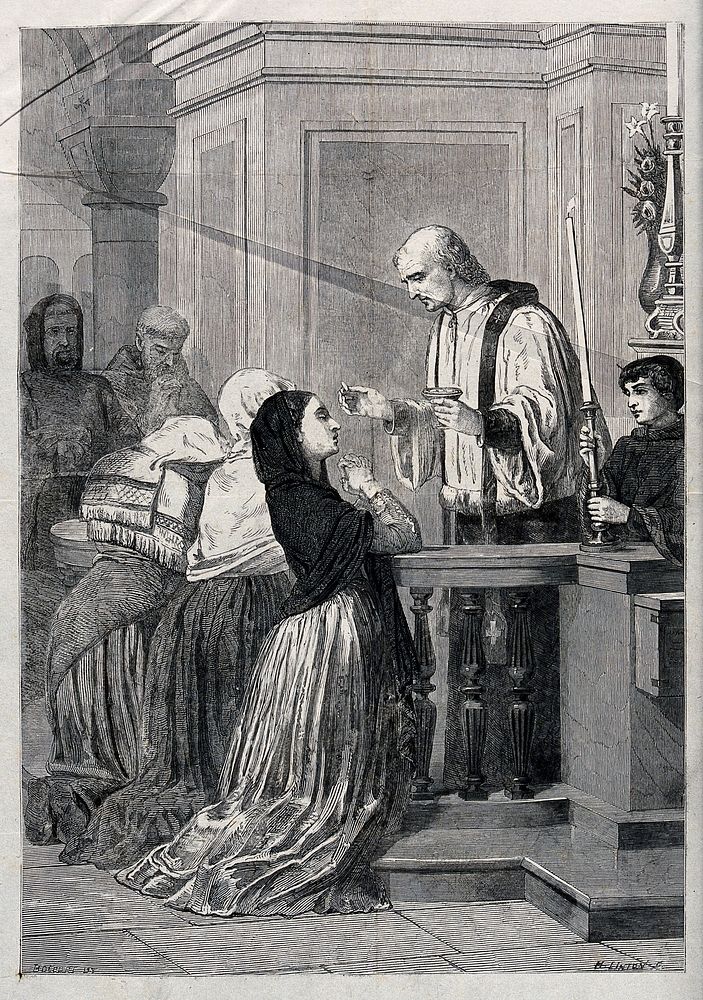 A Catholic communion. Wood engraving by H. Linton after E.-G. Bocourt.