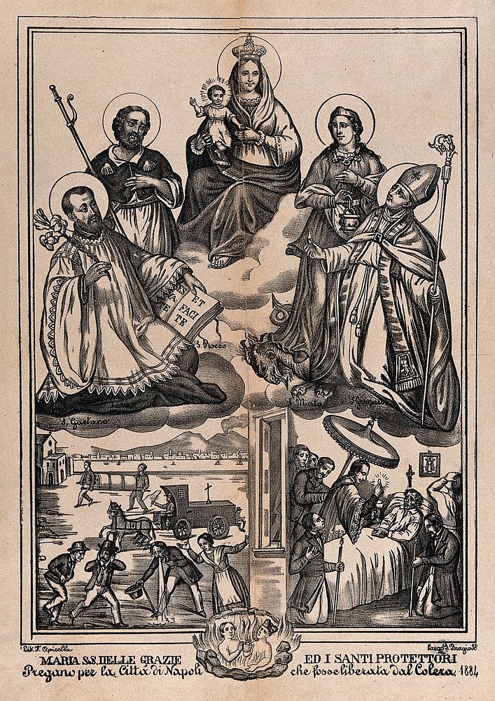 Saint Mary (the Blessed Virgin) with the Christ Child and Saint Gaetano, Saint Roch, Saint Martha, and Saint Januarius with…